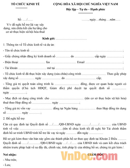 Mẫu công văn đề nghị hỗ trợ lãi vay của các tổ chức kinh tế