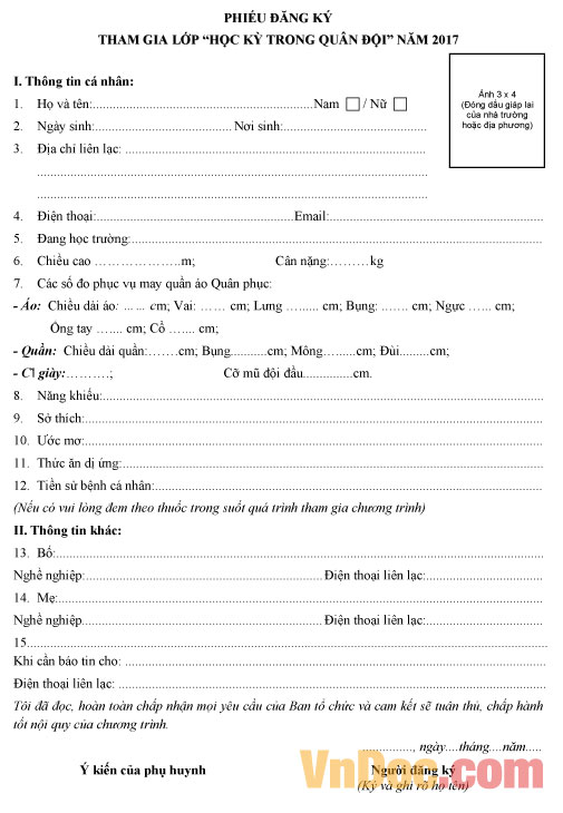 Mẫu phiếu đăng ký tham gia lớp học kỳ trong quân đội năm 2017