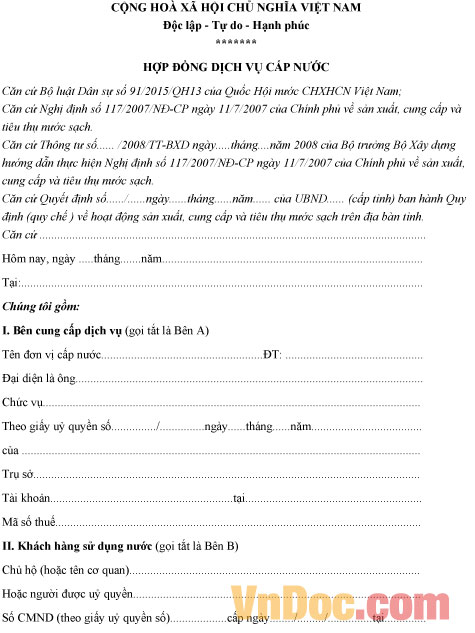 Mẫu hợp đồng cung cấp nước sinh hoạt