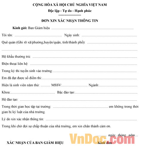 Mẫu đơn xin xác nhận thông tin sinh viên