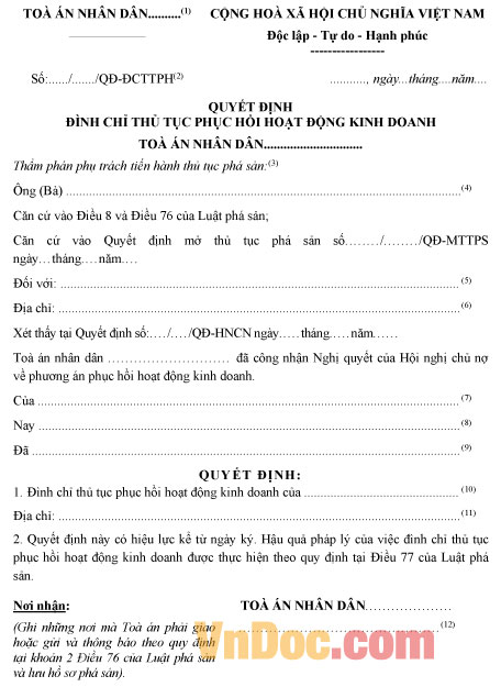 Mẫu quyết định đình chỉ thủ tục phục hồi hợp đồng kinh doanh