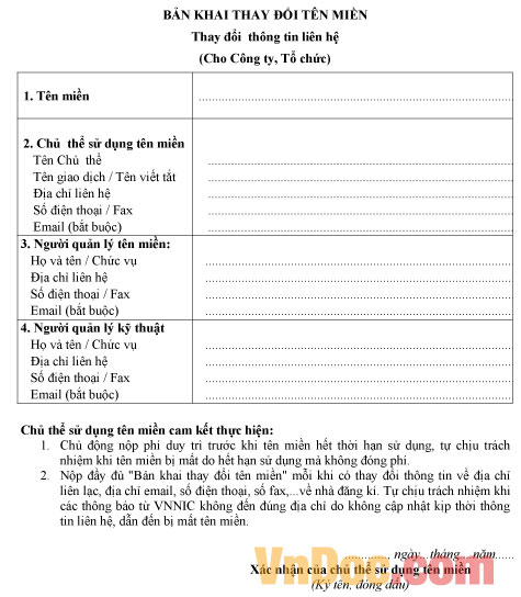 Bản khai thay đổi thông tin tên miền Mẫu bản khai thay đổi thông tin tên miền