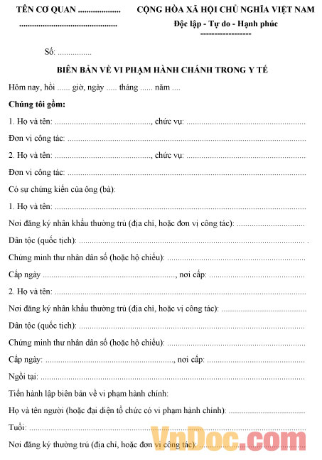 Mẫu biên bản về vi phạm hành chính trong y tế