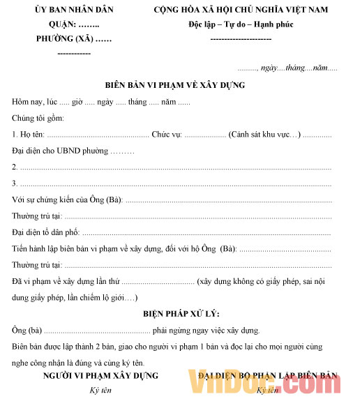 Biên bản vi phạm xây dựng Mẫu biên bản vi phạm xây dựng