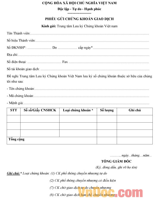 Mẫu phiếu gửi chứng khoán giao dịch