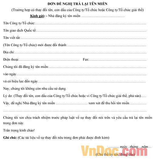 Đơn đề nghị trả lại tên miền Mẫu khai trả lại tên miền