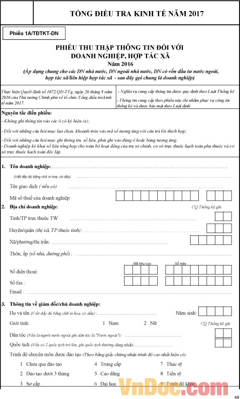 Phiếu 1A/TĐTKT-DN: Phiếu thu thập thông tin doanh nghiệp, hợp tác xã