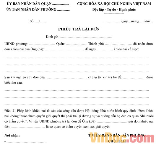 Mẫu phiếu trả lại đơn