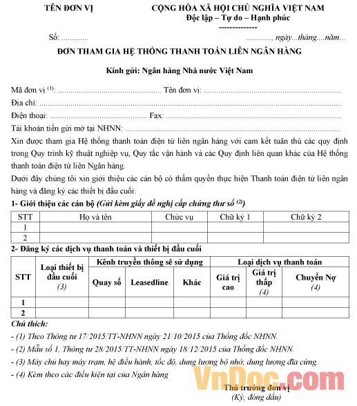 Mẫu đơn tham gia hệ thống liên ngân hàng