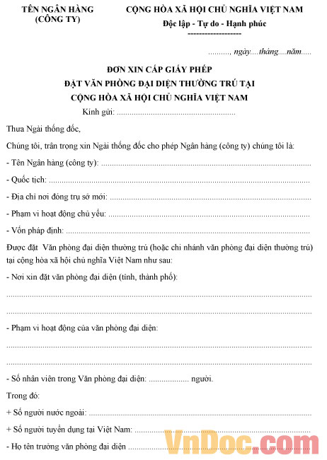 Mẫu đơn xin cấp giấy phép đặt văn phòng đại diện thường trú