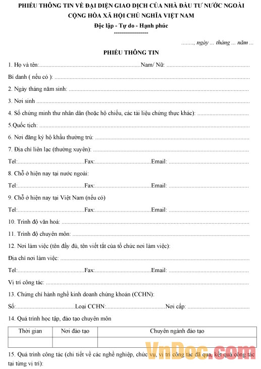 Mẫu phiếu thông tin về đại diện giao dịch của nhà đầu tư nước ngoài