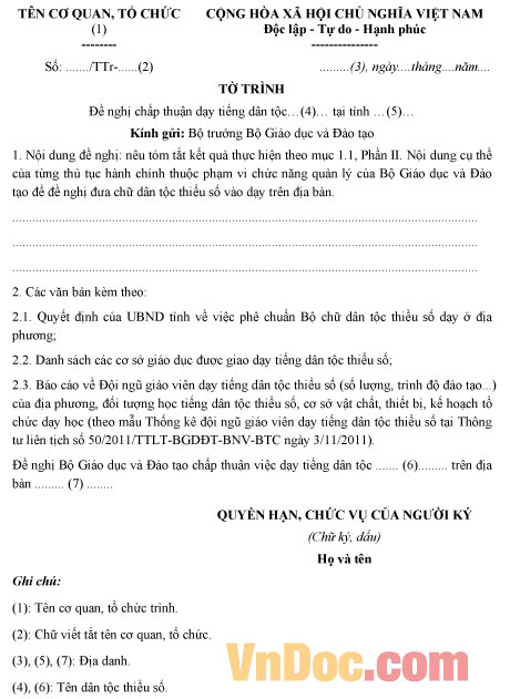 Mẫu tờ trình đề nghị về việc dạy học tiếng dân tộc thiểu số