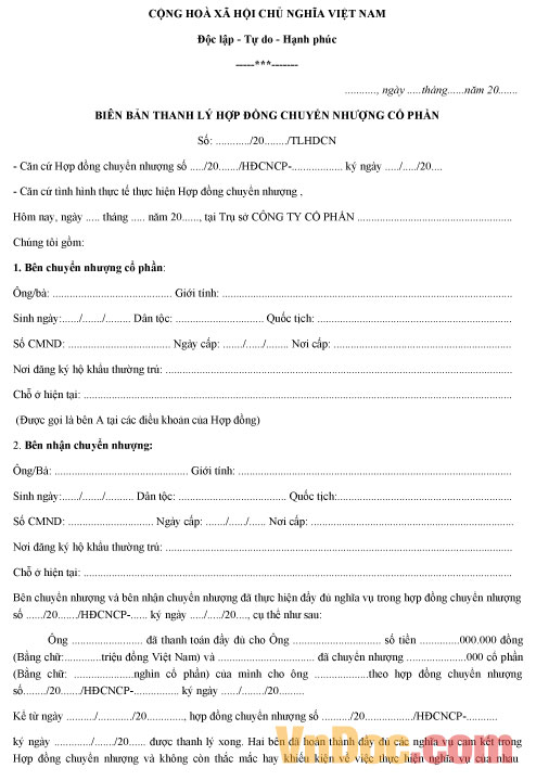 Bản thanh lý hợp đồng chuyển nhượng cổ phần Mẫu bản thanh lý hợp đồng chuyển nhượng cổ phần