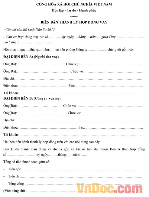 Mẫu biên bản thanh lý hợp đồng vay tài sản