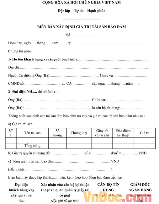 Mẫu biên bản xác định giá trị tài sản bảo đảm