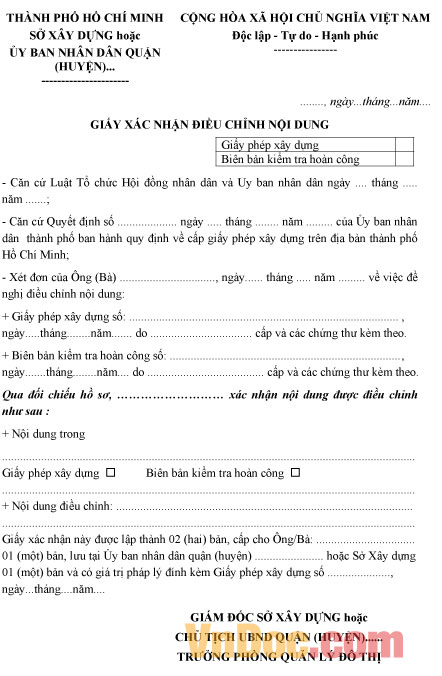 Mẫu giấy xác nhận điều chỉnh nội dung