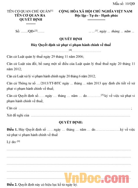 Quyết định hủy quyết định xử phạt vi phạm hành chính về thuế Mẫu quyết định hủy quyết định xử phạt vi phạm hành chính về thuế