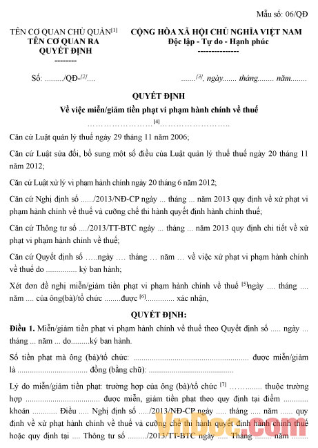 Mẫu quyết định về việc miễn/giảm tiền phạt vi phạm hành chính về thuế