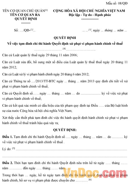 Mẫu quyết định về việc tạm đình chỉ thi hành quyết định xử phạt vi phạm hành chính về thuế