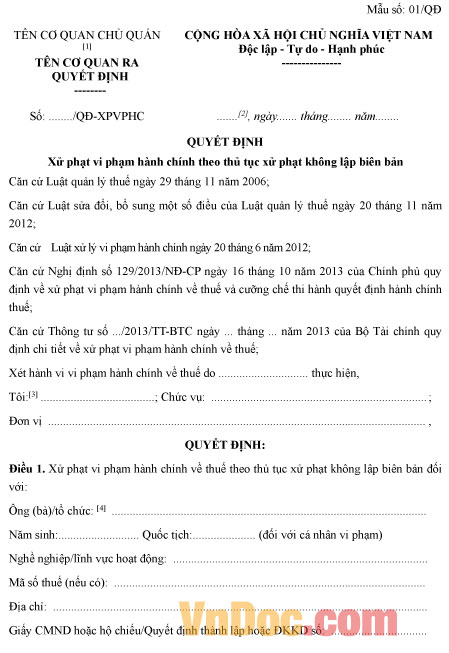 Mẫu quyết định xử phạt vi phạm hành chính theo thủ tục xử phạt không lập biên bản