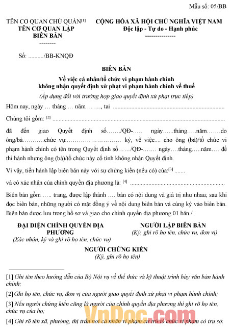 Mẫu biên bản về việc cá nhân/tổ chức vi phạm hành chính không nhận quyết định xử phạt vi phạm hành chính về thuế