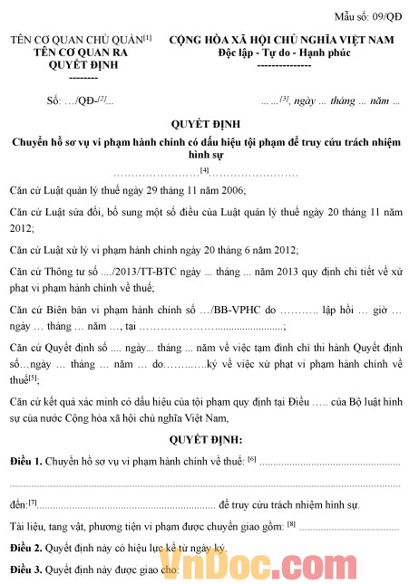 Mẫu quyết định chuyển hồ sơ vụ vi phạm hành chính có dấu hiệu tội phạm để truy cứu trách nhiệm hình sự