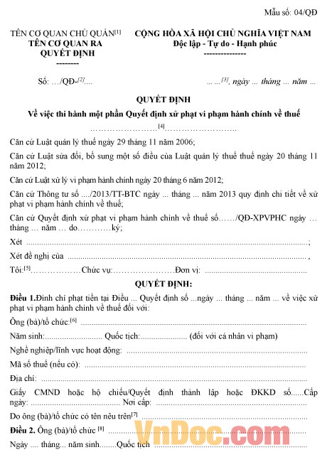 Mẫu quyết định về việc thi hành một phần quyết định xử phạt vi phạm hành chính về thuế