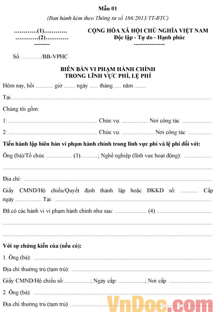 Mẫu biên bản vi phạm hành chính trong lĩnh vực phí, lệ phí