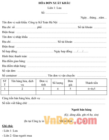 Hóa đơn xuất khẩu Mẫu hóa đơn xuất khẩu