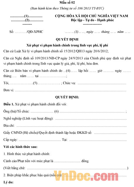 Quyết định xử phạt vi phạm hành chính trong lĩnh vực phí, lệ phí Mẫu quyết định xử phạt vi phạm hành chính trong lĩnh vực phí, lệ phí