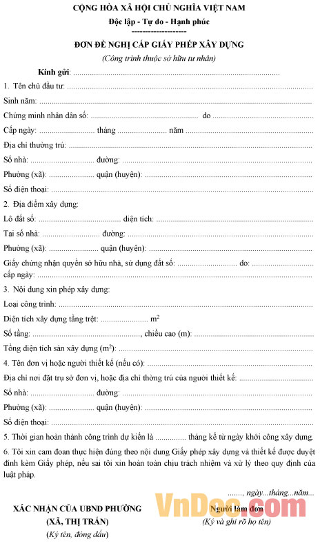 Mẫu đơn đề nghị cấp giấy phép xây dựng