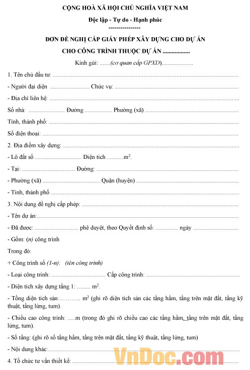 Đơn đề nghị cấp giấy phép xây dựng cho dự án Mẫu đơn đề nghị cấp giấy phép xây dựng cho dự án