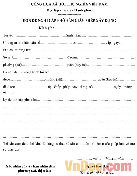 Đơn đề nghị cấp phó bản giấy phép xây dựng Mẫu đơn đề nghị cấp phó bản giấy phép xây dựng