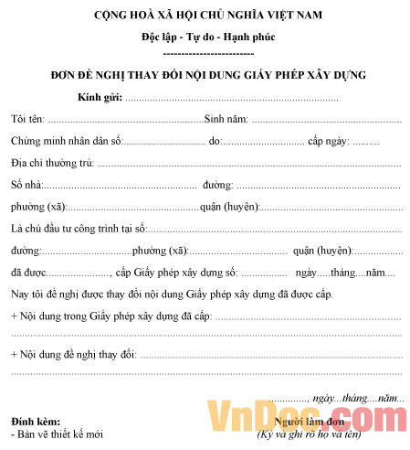 Mẫu đơn đề nghị thay đổi nội dung giấy phép xây dựng