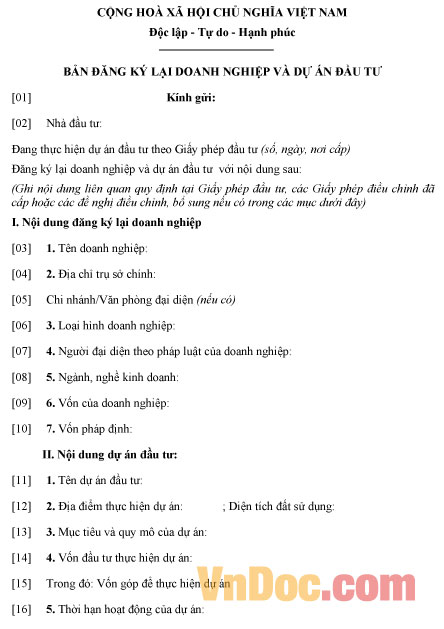 Mẫu bản đăng ký lại doanh nghiệp và dự án đầu tư