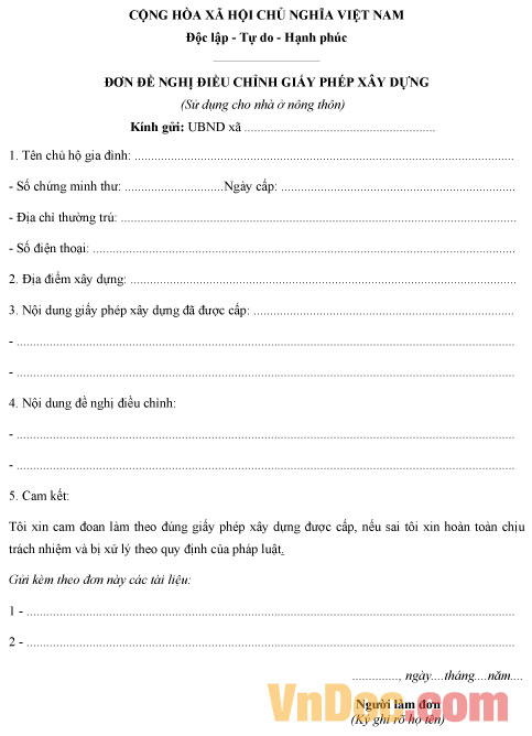 Mẫu đơn đề nghị điều chỉnh giấy phép xây dựng nhà ở nông thôn