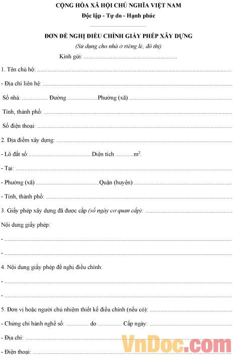 Đơn đề nghị điều chỉnh giấy phép xây dựng nhà ở riêng lẻ đô thị Mẫu đơn đề nghị điều chỉnh giấy phép xây dựng nhà ở riêng lẻ đô thị
