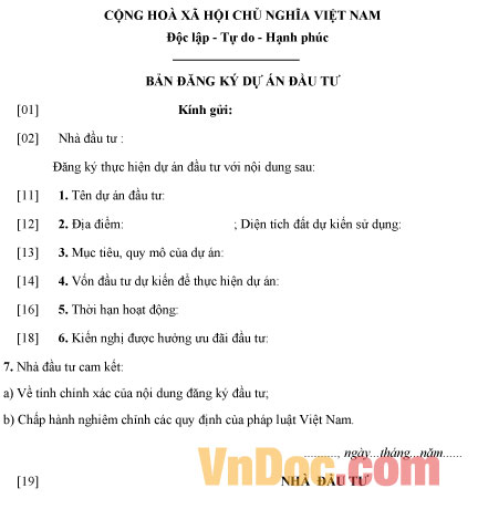 Mẫu bản đăng ký dự án đầu tư