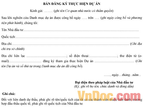 Mẫu văn bản đăng ký thực hiện dự án đầu tư