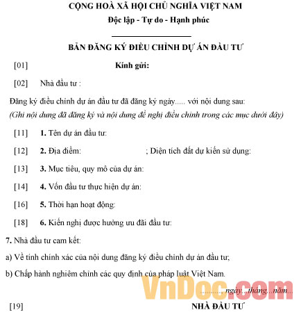 Bản đăng ký điều chỉnh dự án đầu tư Mẫu bản đăng ký điều chỉnh dự án đầu tư