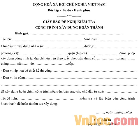 Giấy báo đề nghị kiểm tra công trình xây dựng hoàn thành