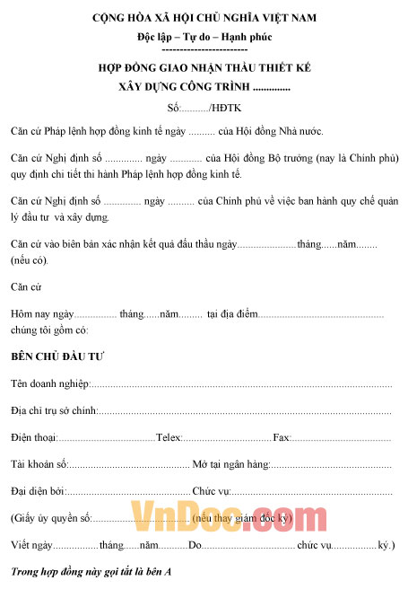 Mẫu hợp đồng giao nhận thầu thiết kế xây dựng công trình