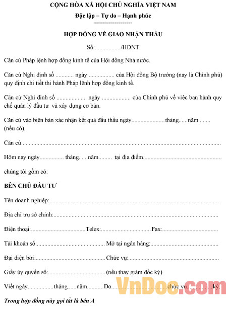 Mẫu hợp đồng về giao nhận thầu xây dựng tổng thể công trình