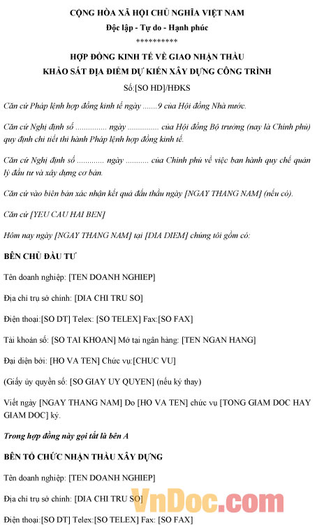 Mẫu hợp đồng khảo sát địa điểm dự kiến xây dựng công trình