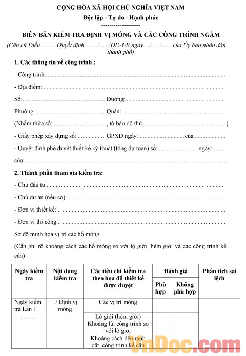 Mẫu biên bản kiểm tra định vị móng và các công trình ngầm