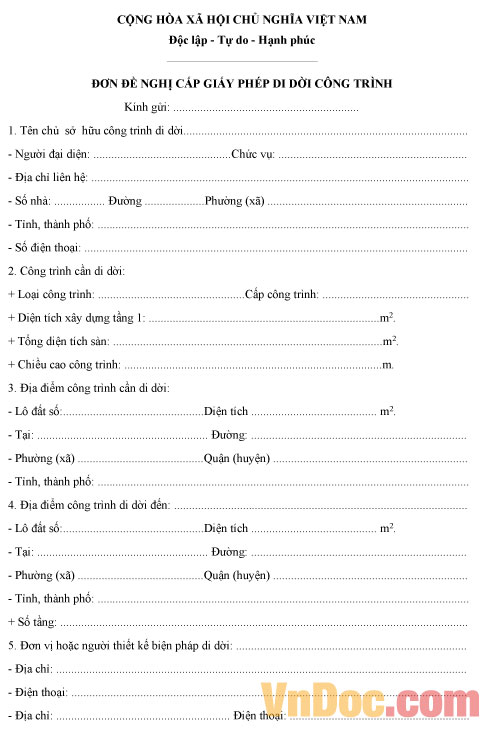 Đơn đề nghị cấp giấy phép di dời công trình Mẫu đơn đề nghị cấp giấy phép di dời công trình