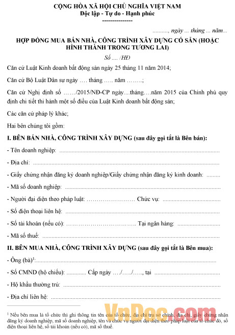 Hợp đồng mua bán nhà, công trình xây dựng có sẵn