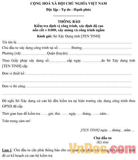 Mẫu thông báo kiểm tra định vị công trình