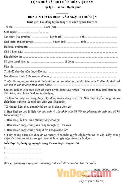 Mẫu đơn xin tuyển dụng vào nghạch thư viện