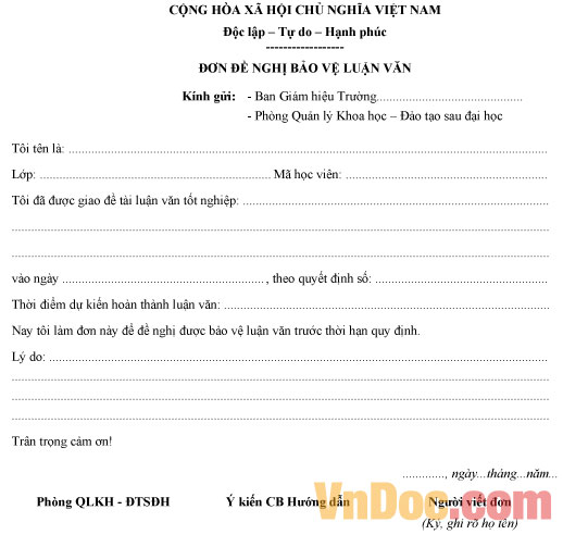 Mẫu đơn đề nghị bảo vệ luận văn (hoàn thành sớm)